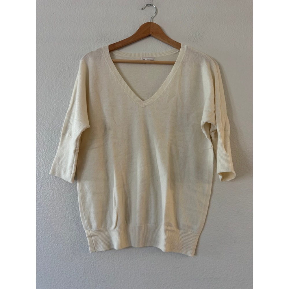 Gap V-Neck Sweater 3/4 Sleeve Wool Blend Knit XS Cream Ivory Good Cond